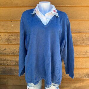 Vintage Victoria Jones BLue Pullover Embroidered Collared Woman's Sweater Size 3